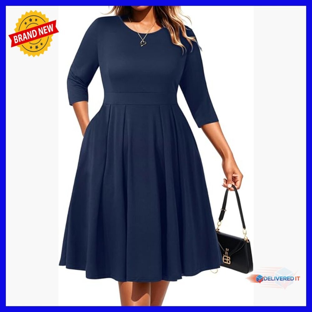 Plus Size Work Dress Fit Flare Midi with Pockets Semi Formal Office Wear